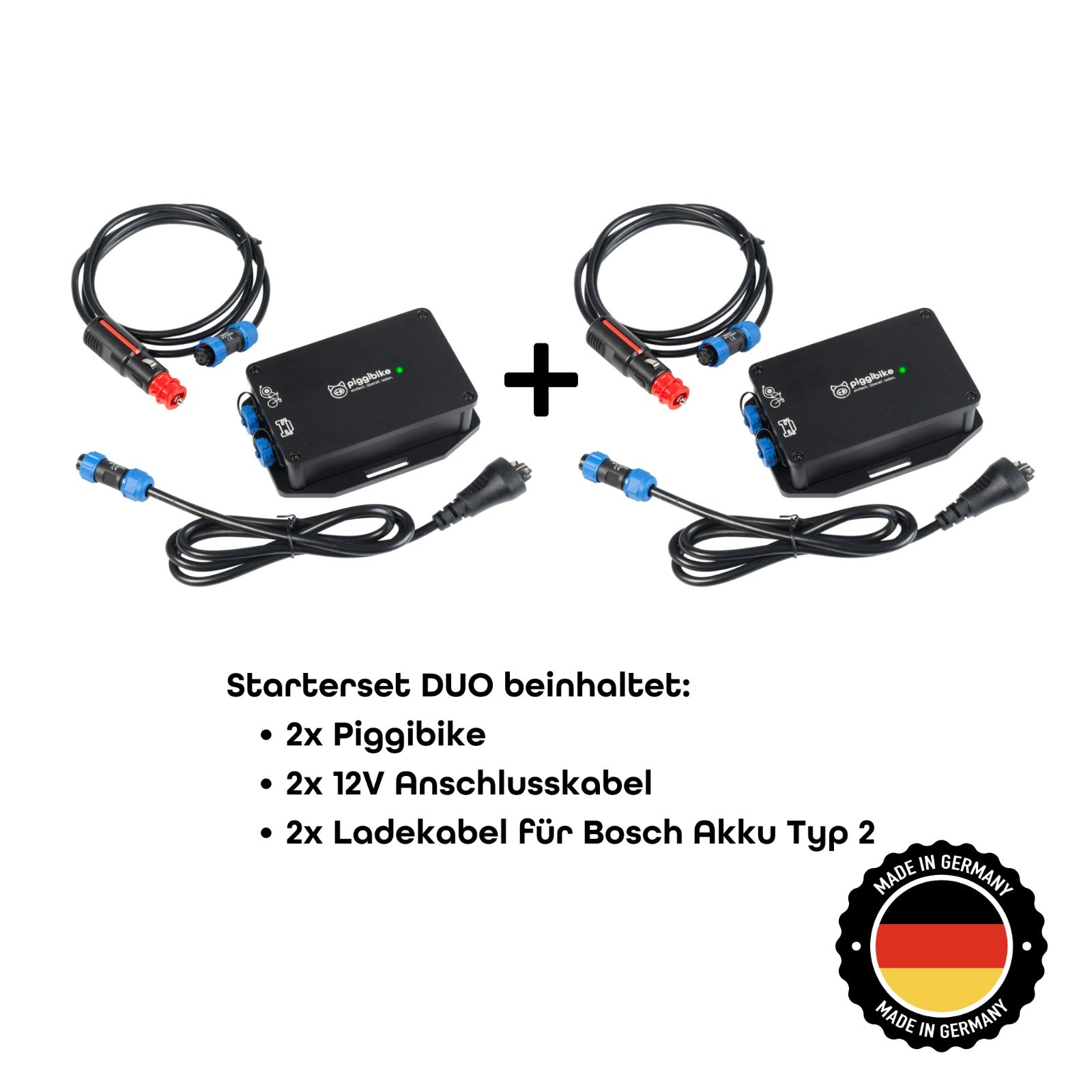 Piggibike Duo Starterset. Beinhaltet alles zweimal. Piggibike Ladegerät, Anschlusskabel zum Zigarettenanzünder und Kabel zum E-Bike Akku.